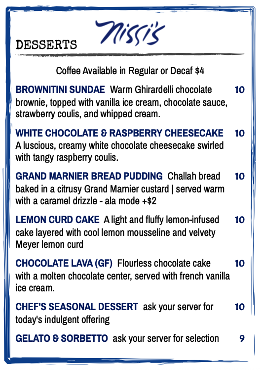 nissi's menu - desserts